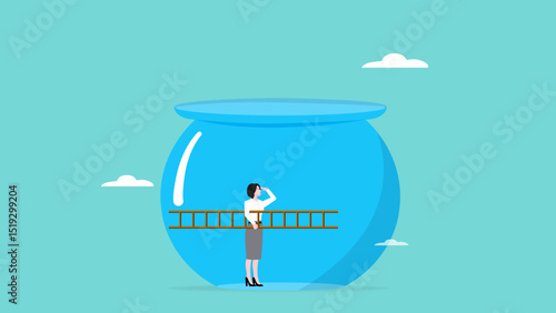 innovation to solve business problem, management or strategy to overcome obstacles in business, businesswoman with ladder preparing to break out of fish aquarium jar prison concept vector illustration