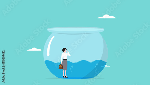 looking for solutions to solve business or financial problems with confused businessman looking for a way to get out of a waterlogged fish aquarium jar concept vector illustration