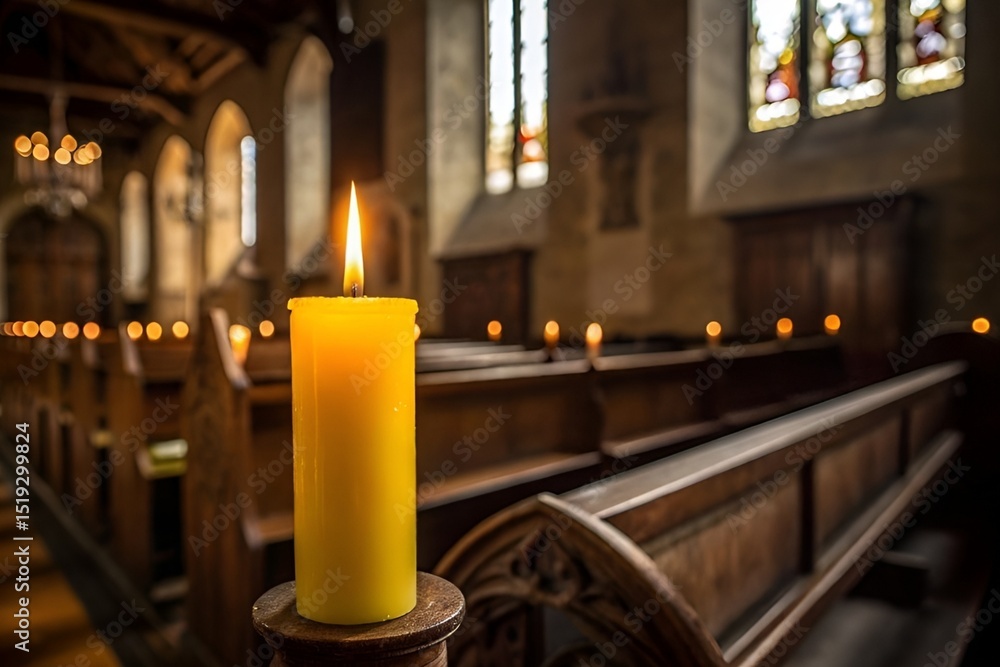 Close-Up of Lit Yellow Candle with Flame in Dimly Lit Church Interior Close-Up of Lit Yellow Candle with Flame in Dimly Lit Church Interior