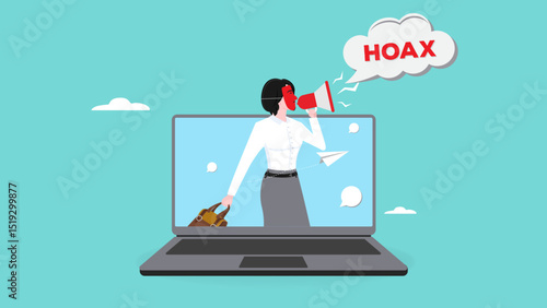 woman using megaphone conveying fake news or hoax on computer laptop, hoax or fake news illustration, misleading information from social media that creates misunderstandings