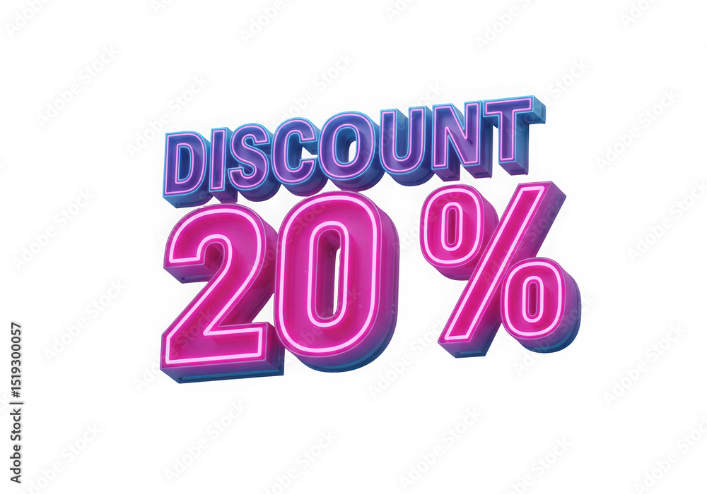 Eye-Catching Neon Discount Sign: 20% Off Special Offer with Vibrant Pink and Blue Glow, Perfect for Advertising Sales, Promotions, and Retail Marketing Campaigns Against a Bold Black Background Eye-Catching Neon Discount Sign: 20% Off Special Offer with Vibrant Pink and Blue Glow, Perfect for Advertising Sales, Promotions, and Retail Marketing Campaigns Against a Bold Black Background