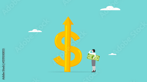 increased business income or investment dividends with businesswoman looking at high rising up graph arrow while carrying banknotes