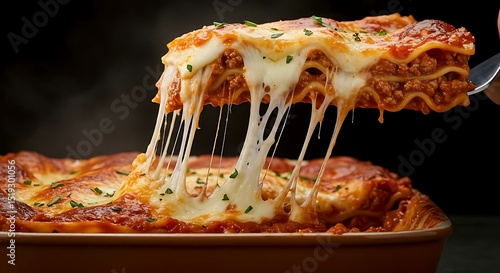 Macro shot of a slice of lasagna being lifted with melted mozzarella