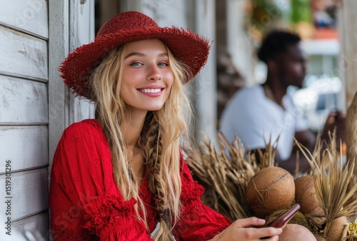 A cheerful blonde woman in red blouse and hat, sitting on the porch of an outdoor cafe holding her phone smiling at something she sees outside