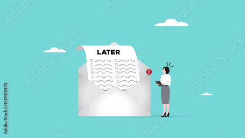 strike notifications for completing work from email illustration, Business woman rush to complete work because they postpone it or waste time, received a warning for being late in completing work