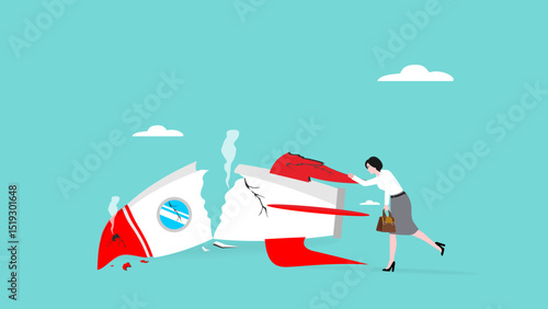 Failed and crashed business rocket startup, sad businesswoman with broken rocket illustration, business failure concept,