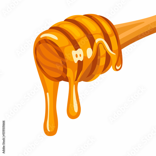 Golden honey dripping from a wooden dipper, sweet and natural liquid.