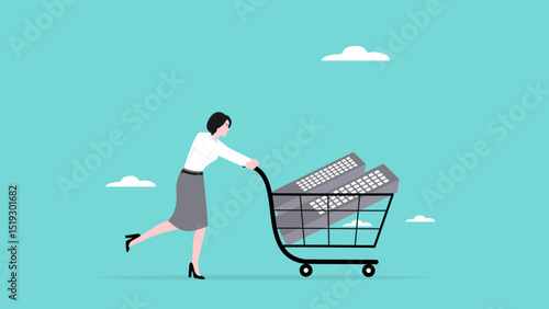 property investment, business woman push shopping carts containing property buildings for real estate investment concept vector illustration with flat design style