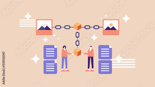 Illustration of blockchain concept with people, images, and documents connected by chains and blocks