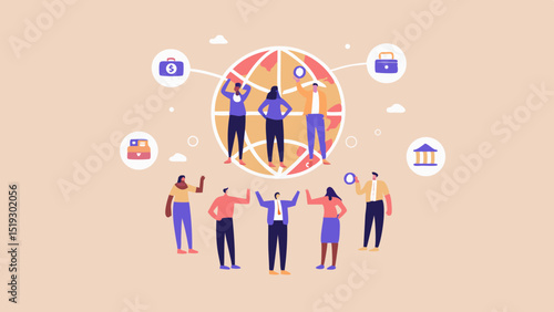 Global business team with financial icons and world map showing international collaboration and success