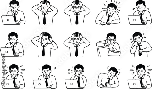 Various office worker stress and anxiety expressions depicted in a collection of monochrome illustrated line art