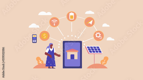 Woman presenting smart home technology with solar panel and energy management icons displayed around her
