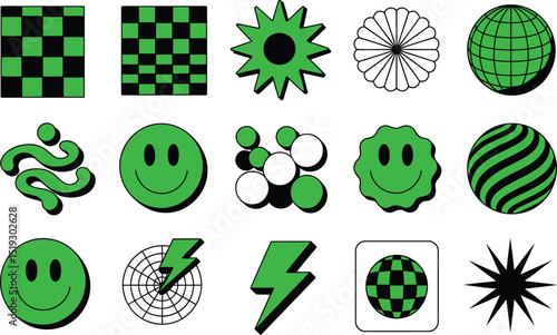 Collection of green retro shapes and symbols for design smiley face starburst thunder bolt globe checkered patterns