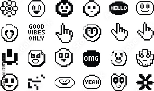 A collection of pixelated emoticons and symbols in black and white perfect for digital communication and retro design