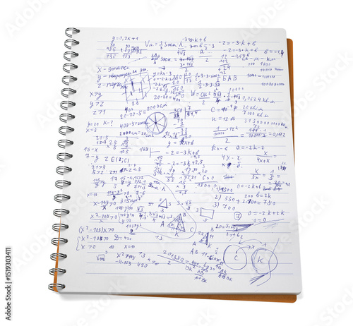 An open lined notebook filled with writing. Ring binder draft notepad. Notebook with sheets of paper covered with writing. Back to school. 3D render, 3d Illustration. Isolated on white background