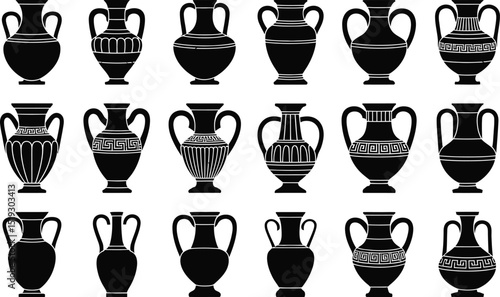 Collection of black and white vector illustrations depicting various ancient greek amphora vases designs