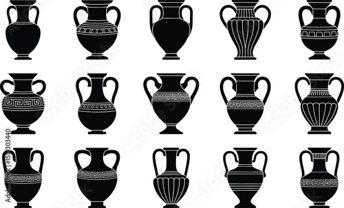 Collection of black and white ancient greek amphora vessels depicting classic pottery designs for historical illustration