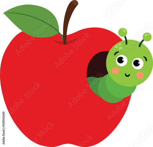 Cute Green Worm Peeking from Red Apple