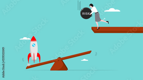 take high risks to get business success, investor risk appetite in securities and investment asset to get high reward, businesswoman drop weights onto a seesaw to launch a startup business rocket
