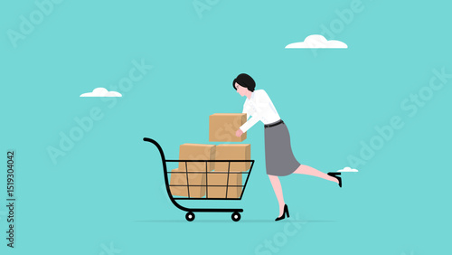 raw materials inventory shopping, Inventory Management With Goods Demand And Stock Supply Planning, woman put raw materials in shopping cart as supplies for production needs concept illustration