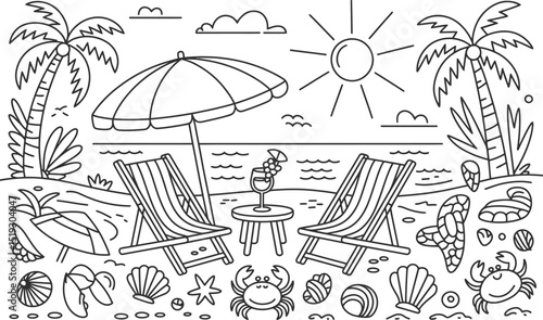 Relaxing beach scene with sun loungers umbrella palm trees cocktails and seaside elements in black and white