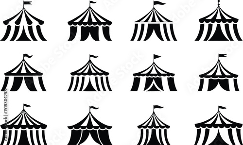 Collection of twelve black circus tent silhouette illustrations for event or carnival themed creative design projects