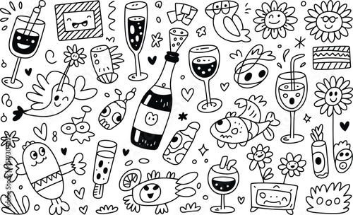 Whimsical black and white doodle illustration featuring smiling cartoon flowers wine glasses bubbly champagne and various happy fun character designs.