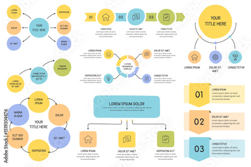 Hand drawn infographic templates - circle charts, flow charts, process diagrams, steps, options, vector eps10 illustration