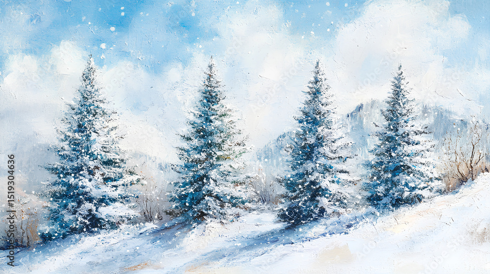 Naklejka premium Snow Dusted Pine Trees in Winter Landscape