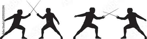 Fencing Silhouette Clipart Vector - Duel, Combat & Sword Fighting Graphic