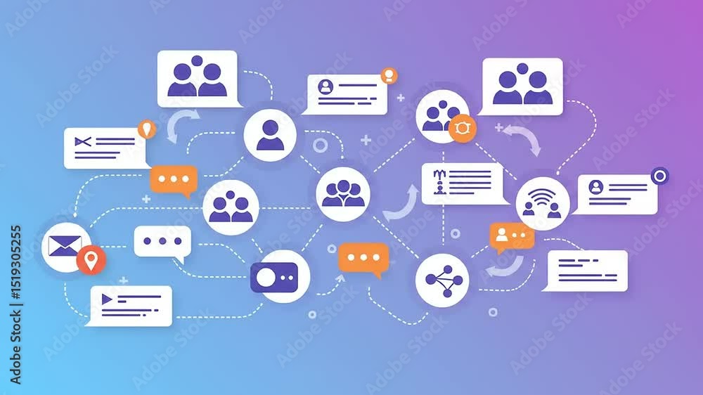 Digital communication network with icons representing social interactions and notifications on a gradient background Digital communication network with icons representing social interactions and notifications on a gradient background