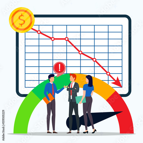 Group of business meeting and discussing for financial crisis with money loss and down arrow on screen graph. 