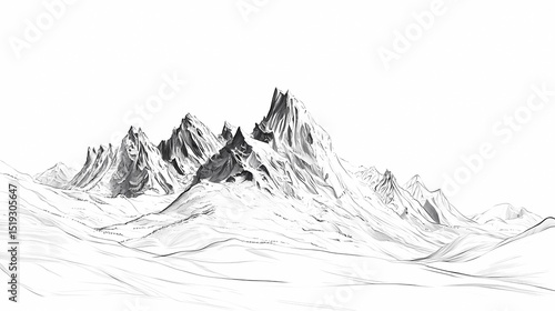 Black and white light sketch of the mountains soft rolling hills turning into rugged peaks, stylized and elegant lines