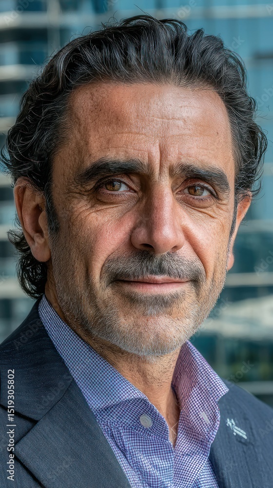 Fototapeta premium Confident man with dark curly hair, business attire
