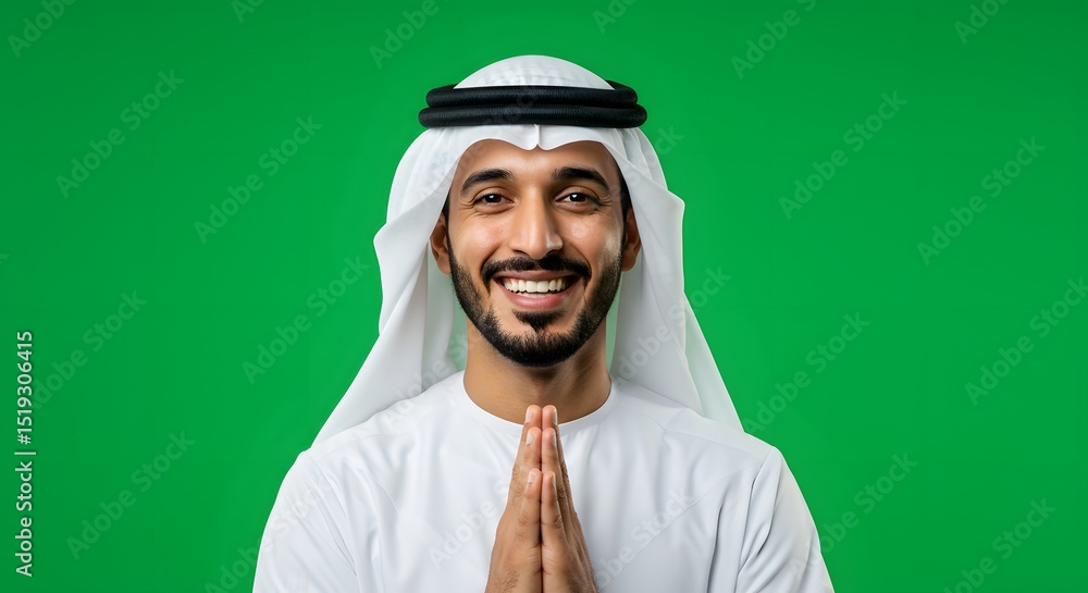 Cheerful Arab man in kandura smiling on green background Cheerful Arab man in kandura smiling on green background