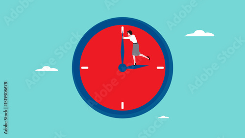 turn back time concept illustration, trying to get time back, extension of time to complete the work, businesswoman tries to turn back the clock to rewind time concept vector illustration