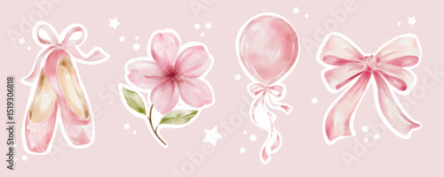 Vector sticker sheet with a watercolour pink ballet shoes, flower, balloon and a bow. Birthday party decor, baby shower decorations