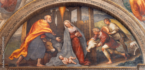 Photography PIACENZA, ITALY - MAY 19, 2025: The fresco of Nativity - Adoration of Shepherds in the church Basilica di Santa Maria di Campagna by  Pordenone (1531-1532)