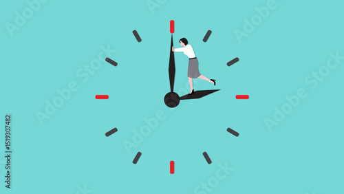 turn back time to fix mistake or completing the task, trying to get time back, extension of time to complete the work, business woman tries to turn back the clock to rewind time concept illustration