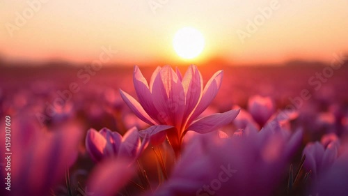 Single purple crocus flower stands out sharply in a field glowing with soft sunset light