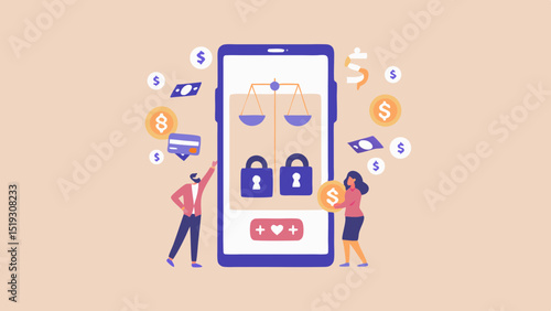 Illustration of legal app on phone with scales, locks, people and money surrounding it all around it
