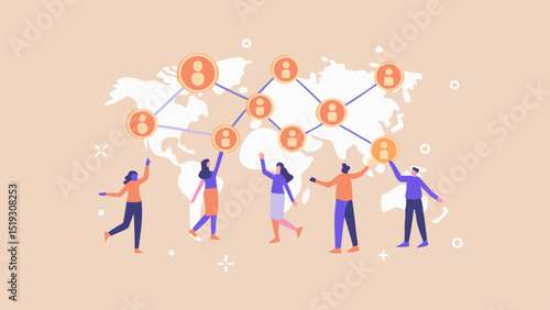 People reaching for connected network icons over a world map illustration background design concept