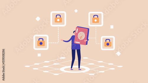 Person holding fingerprint id with locks representing secure network connections and data protection online