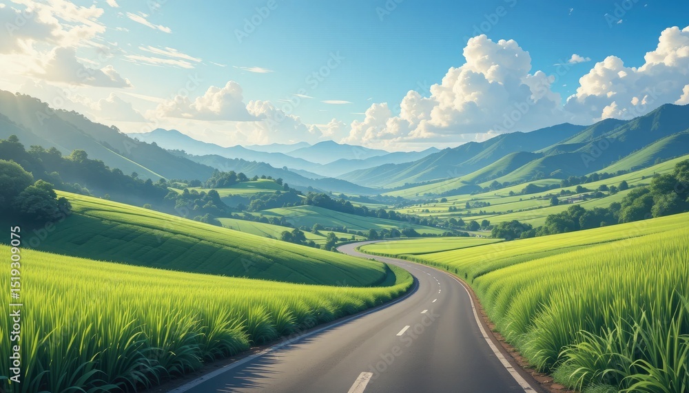 Fototapeta premium Serene countryside road through green hills and mountains