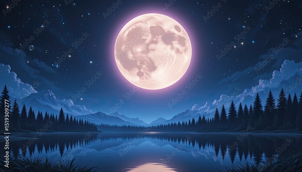 Naklejka premium Serene Night Landscape with Full Moon over Lake and Mountains