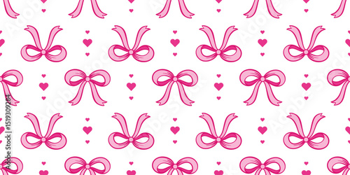 Feminine seamless pattern with pink bows. Whimsical girlish pink bows on white background. Delicate print for textile, packaging, fabric, design, vector graphic