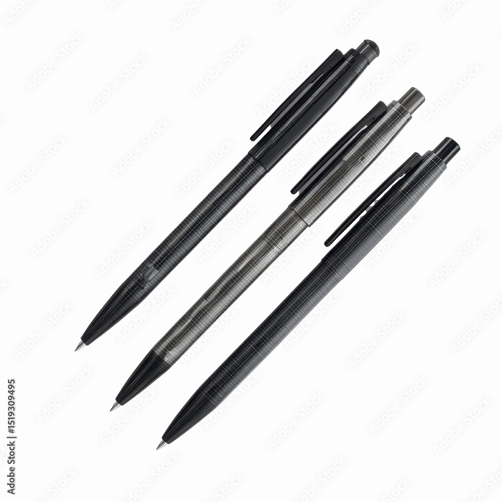 Three Black Pens Arranged in a Diagonal Line on a Gray Transparent background Three Black Pens Arranged in a Diagonal Line on a Gray Transparent background