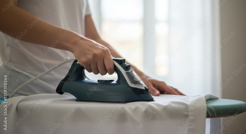 Fototapeta premium Woman ironing a shirt on an ironing board in a bright room 