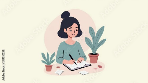 Illustrated Woman Writing in Notebook, Creative Process