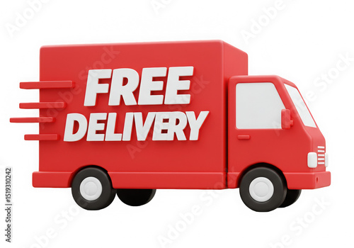 Red Delivery Truck with Free Delivery Text, 3D Rendering for E-commerce and Retail Promotion, Fast Shipping, Isolated on Black